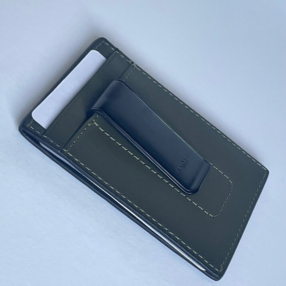 Coach Money Clip Card Case Mens Army Green Leather C6702 Wallet Compact - Picture 8 of 9
